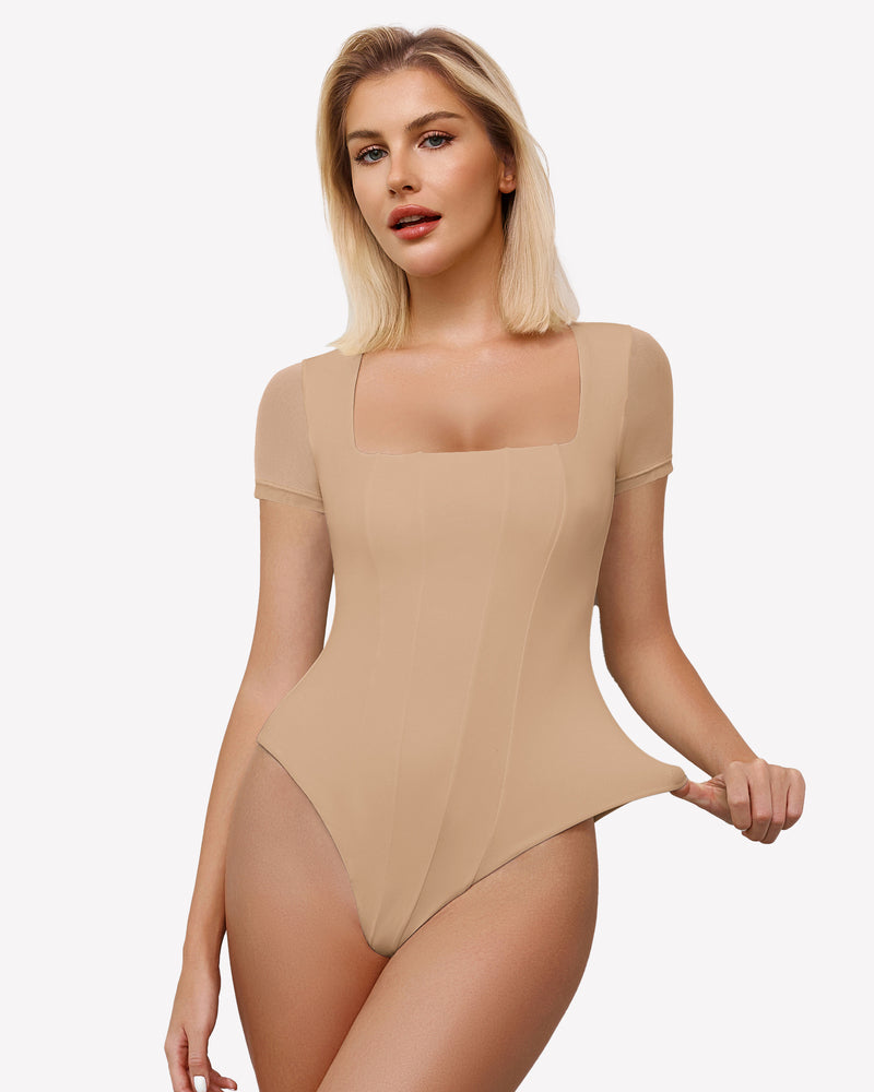 Nude square-neck mesh bodysuit with short sleeves, fitted double-layer design.