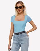 Light blue square-neck mesh bodysuit with short sleeves, fitted double-layer design.