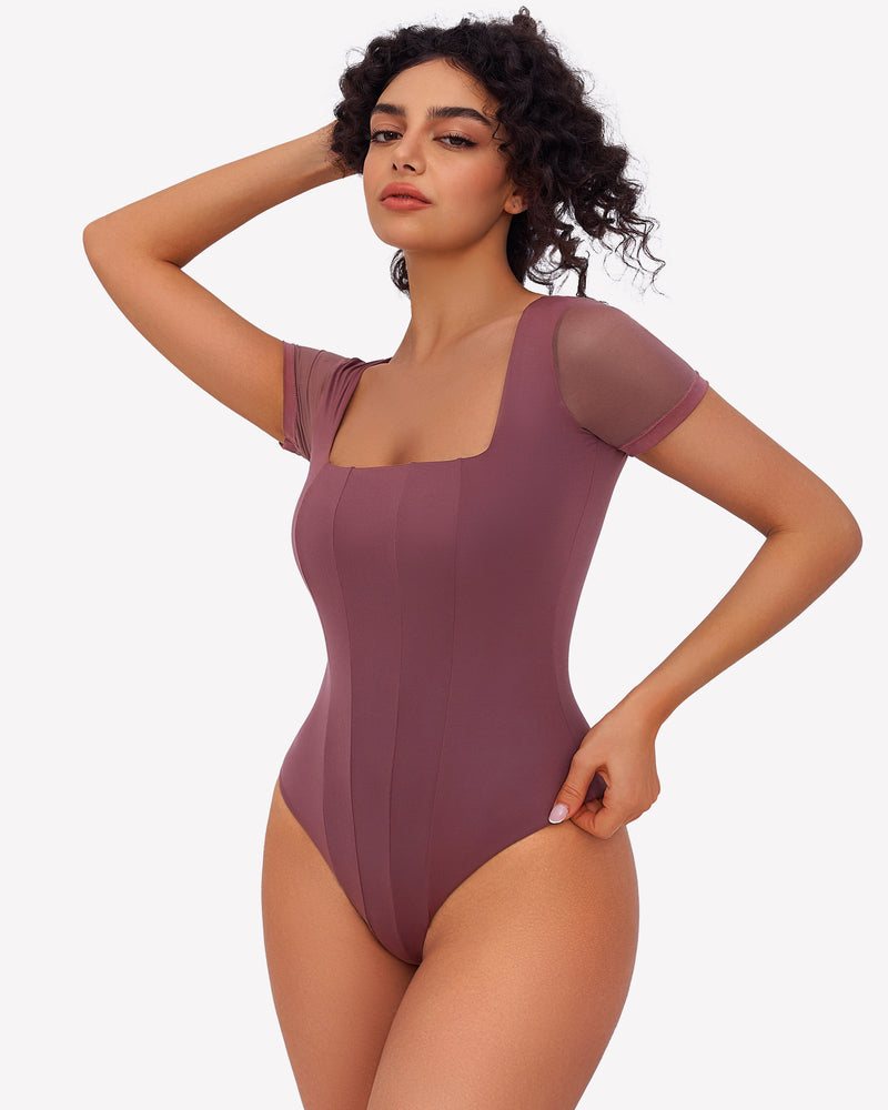 Purple square-neck mesh double bodysuit with short sleeves, fitted high-cut legs.