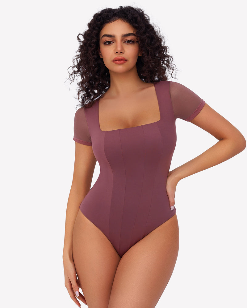Purple square-neck mesh double bodysuit with short sleeves, fitted high-cut legs.