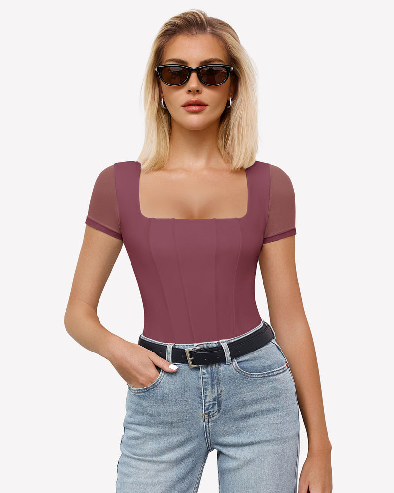 Purple square-neck mesh double bodysuit with short sleeves, worn with jeans.