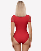 Red square-neck mesh double bodysuit with short sleeves, back view