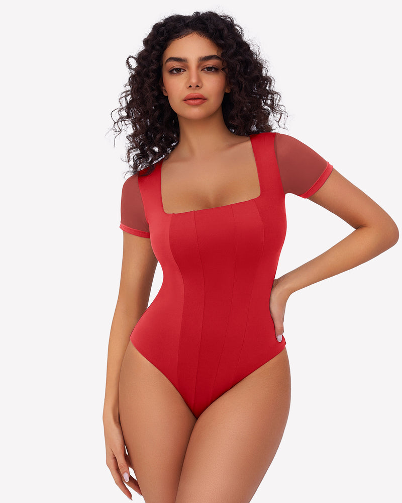 Red square-neck mesh double bodysuit with short sleeves and sheer mesh panels