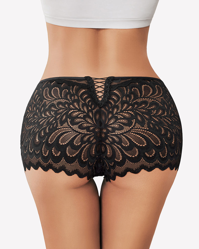 Black lace boxer briefs with scalloped leg hems and crisscross center front