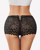 Black lace boxer briefs with scalloped leg hems and crisscross center front
