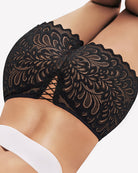 Black lace boyshorts panties with scalloped edges and floral pattern
