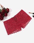 Red floral lace boyshort panties with scalloped edges