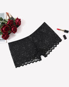 Black floral lace boyshort panties with scalloped edges