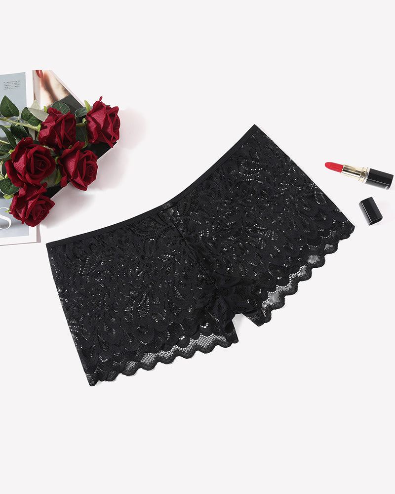 Black floral lace boyshort panties with scalloped edges