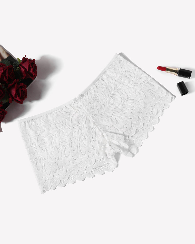 White floral lace boyshort panties with scalloped edges