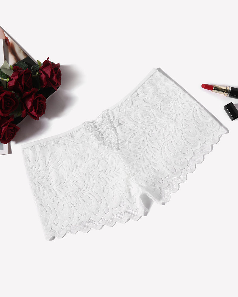 White floral lace boyshort panties with lace panel and scalloped edges