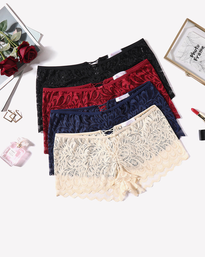 Lace boyshort panties multipack, black, red, navy, and cream floral lace