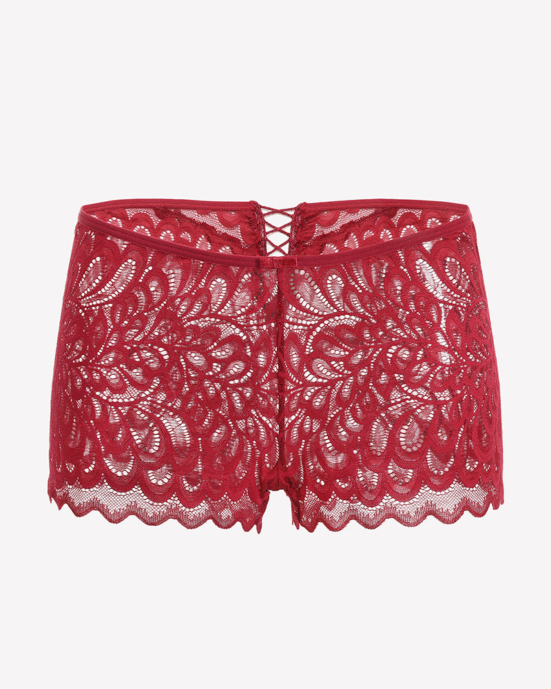 Dark red lace boxer briefs with scalloped hem and crisscross center opening