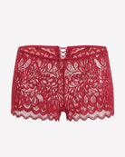 Dark red lace boxer briefs with scalloped hem and crisscross center opening
