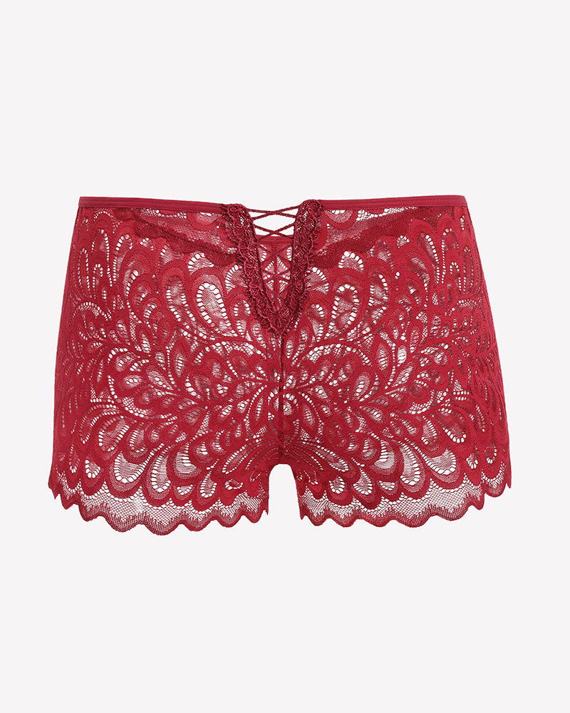 Dark red lace boxer briefs with floral lace pattern and crisscross center opening