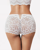 White lace boxer briefs with scalloped hem and crisscross center opening