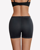 Black seamless boyshort panties, full back view, scalloped lace waistband
