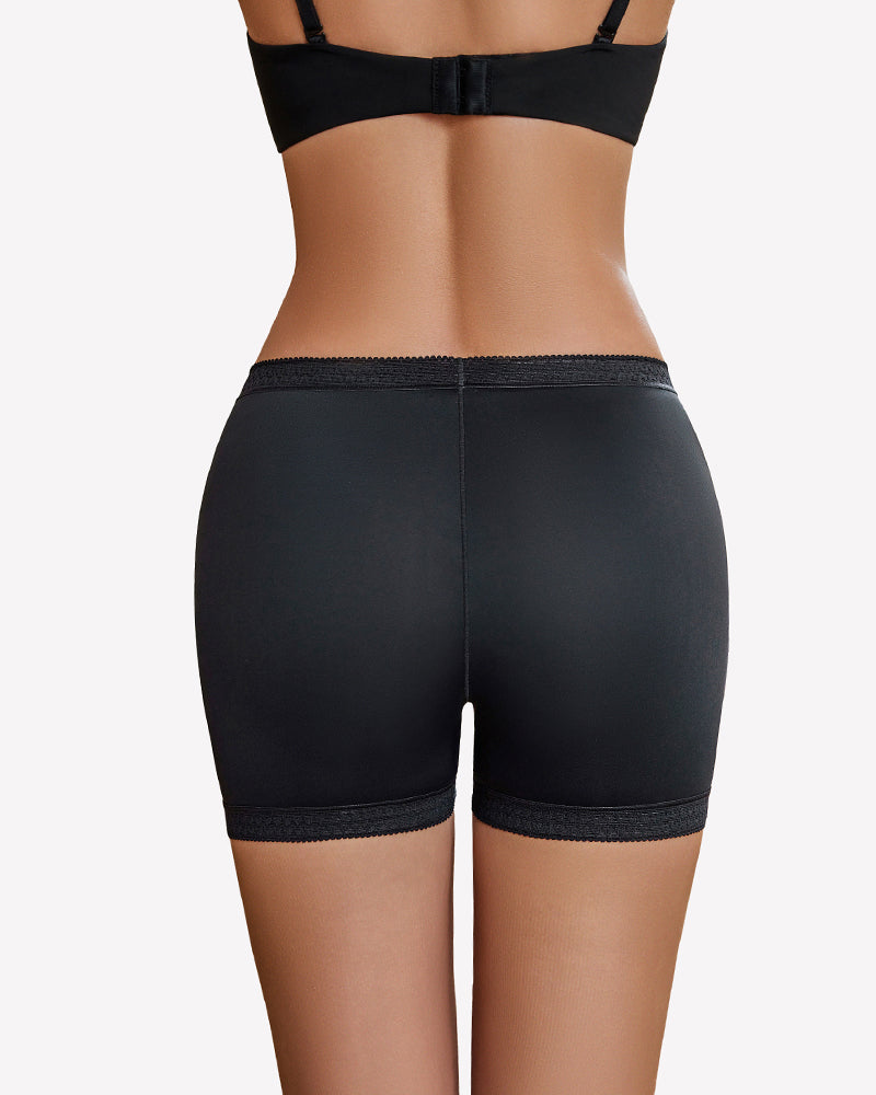 Black seamless boyshort panties, full back view, scalloped lace waistband