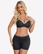 Black seamless boyshort panties with elastic lace trim along waistband