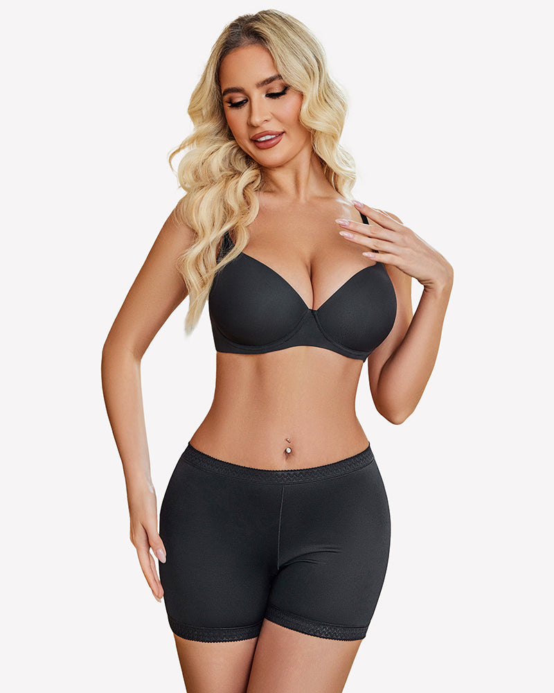 Black seamless boyshort panties with elastic lace trim along waistband