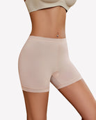 Nude seamless boyshort panties with scalloped lace leg openings