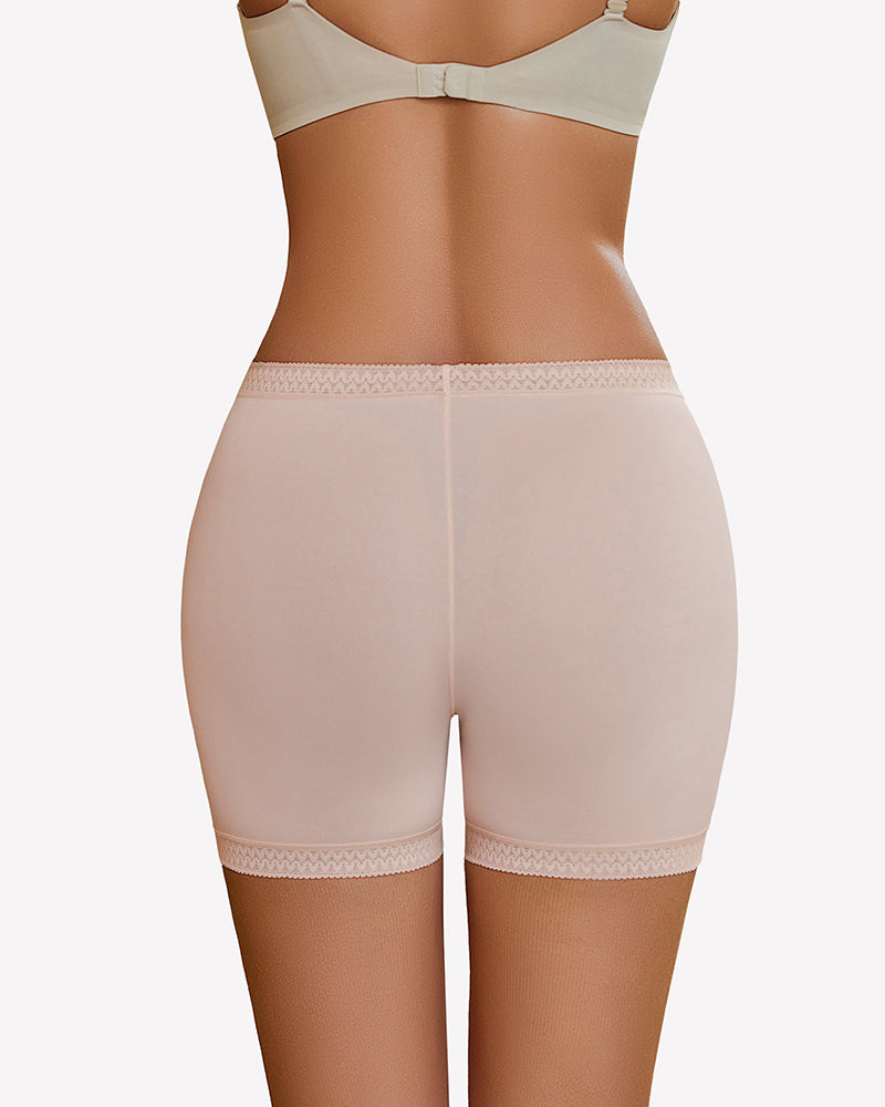 Nude seamless boyshort panties, back view, vertical seam and lace waistband