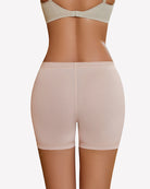 Nude seamless boyshort panties, back view, vertical seam and lace waistband