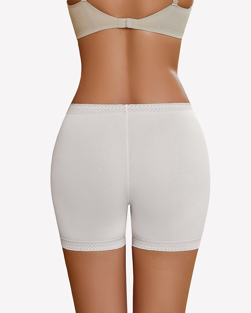 Nude seamless boyshort panties, back view, scalloped lace trim at legs