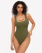 Army green square-neck sleeveless button-front bodysuit with center snaps