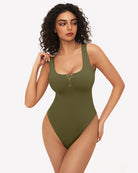 Army green square-neck sleeveless bodysuit with button placket at chest