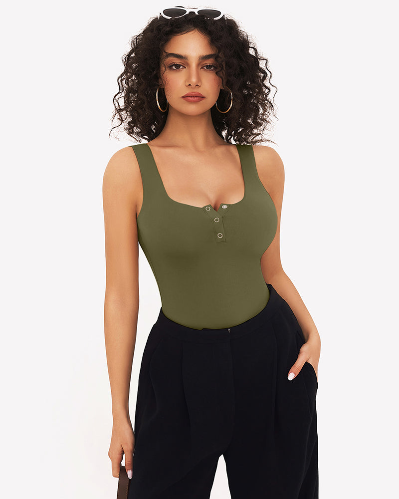Army green square-neck sleeveless button-front bodysuit with black bottoms visible