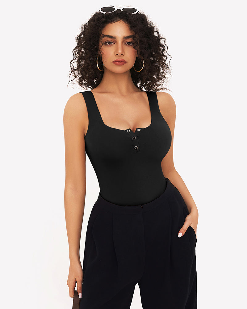 Black square-neck sleeveless button-front bodysuit with black bottoms visible