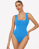 Blue square-neck sleeveless button-front bodysuit with center button placket