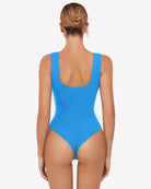 Blue square-neck sleeveless bodysuit with scooped back neckline