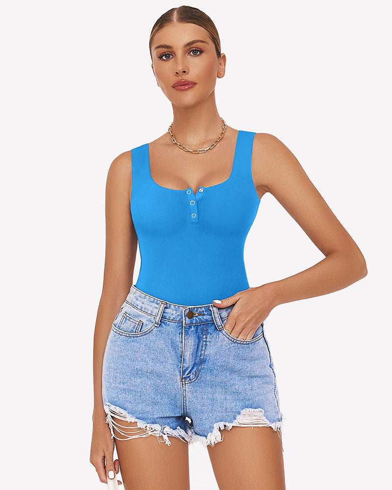 Blue square-neck sleeveless button-front bodysuit with denim shorts visible