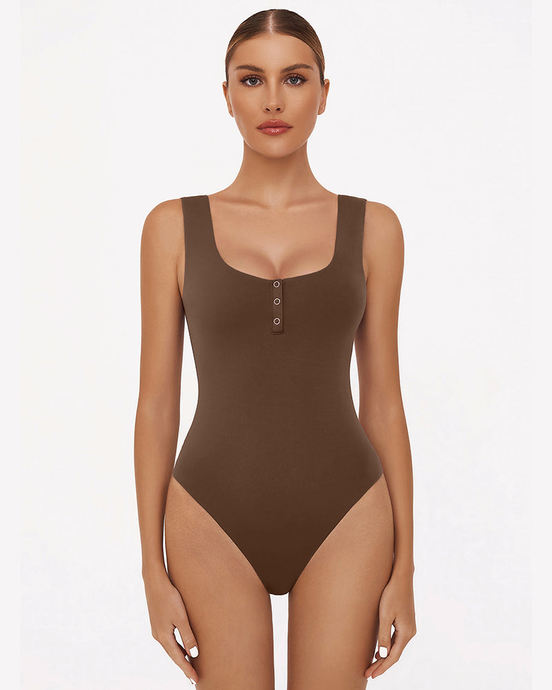 Dark brown square-neck sleeveless bodysuit with button placket