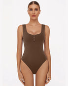 Dark brown square-neck sleeveless bodysuit with button placket