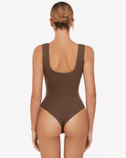 Dark brown square-neck sleeveless bodysuit, back view