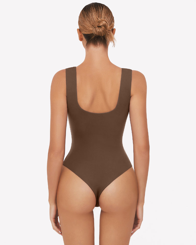 Dark brown square-neck sleeveless bodysuit, back view