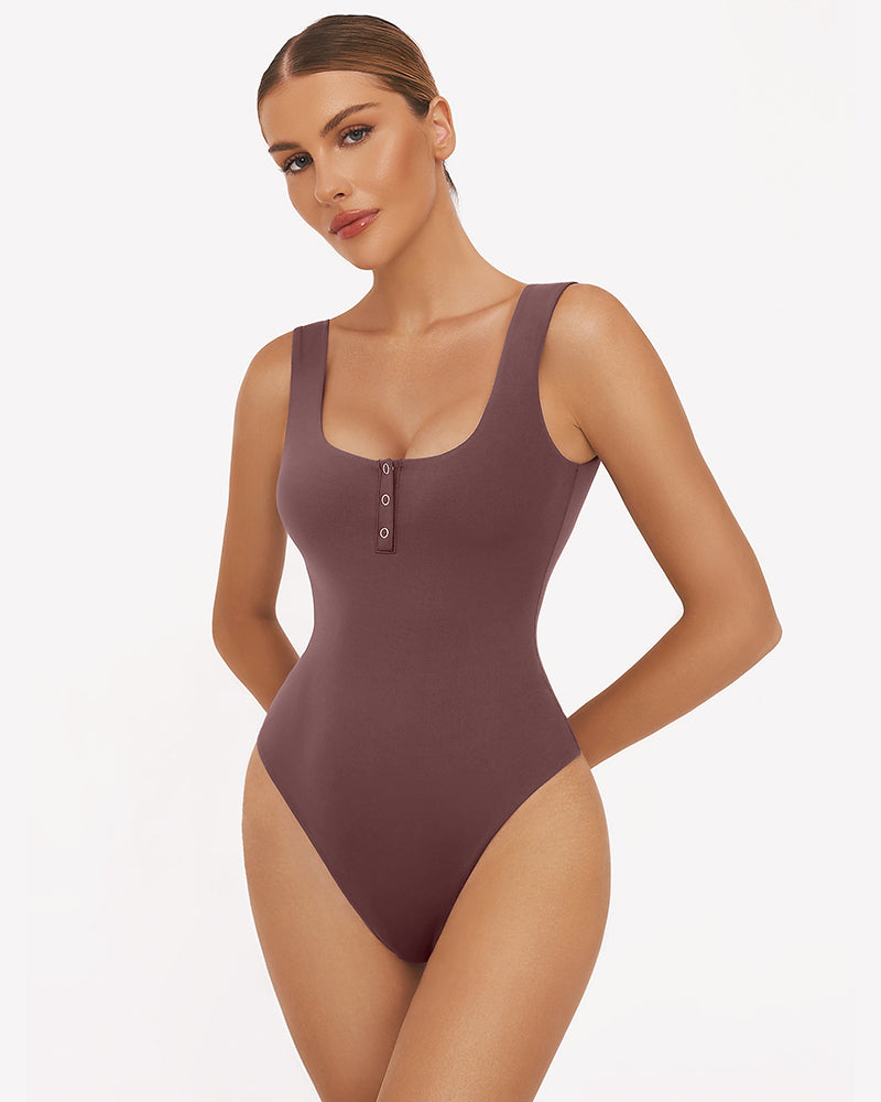 Purple-red square-neck sleeveless bodysuit with button placket