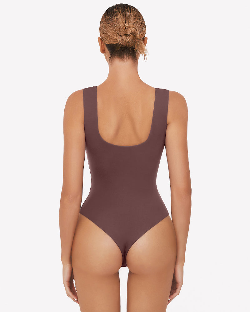 Purple-red square-neck sleeveless bodysuit, back view