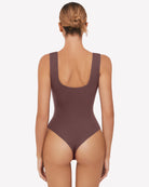 Purple-red square-neck sleeveless bodysuit, back view