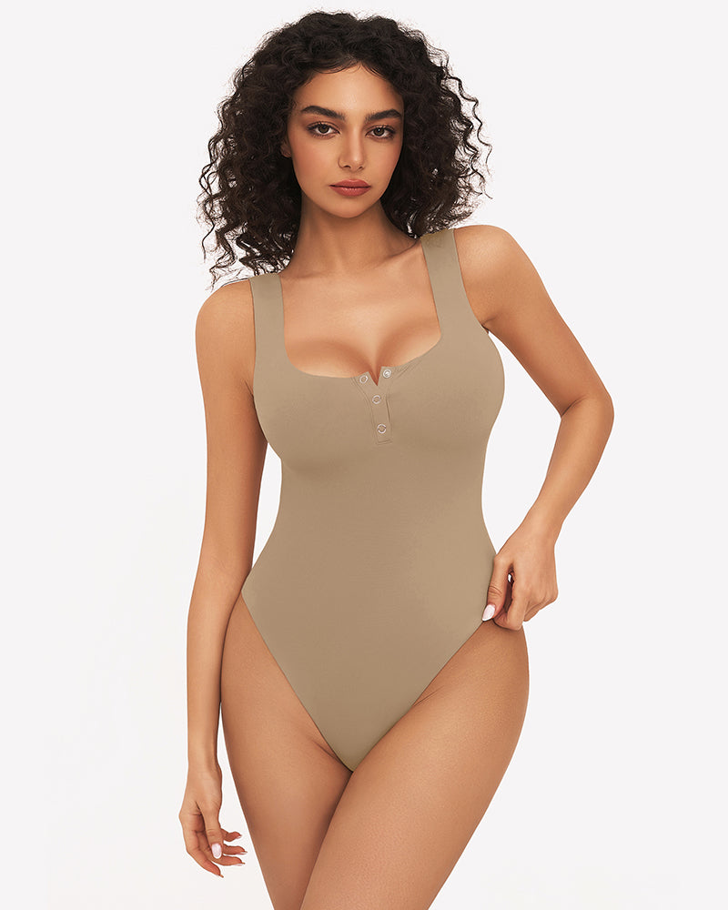 Khaki square-neck sleeveless bodysuit with button placket