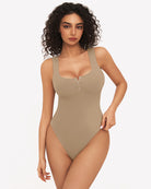 Khaki square-neck sleeveless bodysuit with button placket