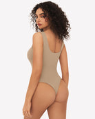 Khaki square-neck sleeveless bodysuit, back view