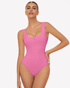 Pink square-neck sleeveless bodysuit with button placket