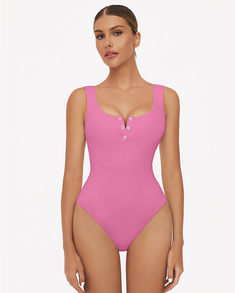 Pink square-neck sleeveless bodysuit with front button placket