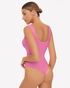 Pink square-neck sleeveless bodysuit, back view