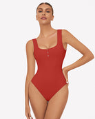 Red button-down square-neck sleeveless bodysuit with button placket