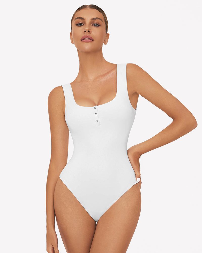 White button-down square-neck sleeveless bodysuit with button placket